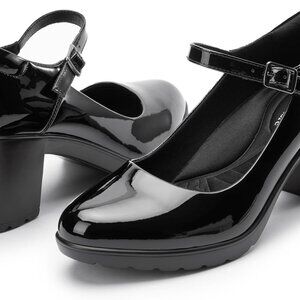 Women’s Mary Jane Heels Faux Leather Chunky Block Heel Size 5.5 Comfortable